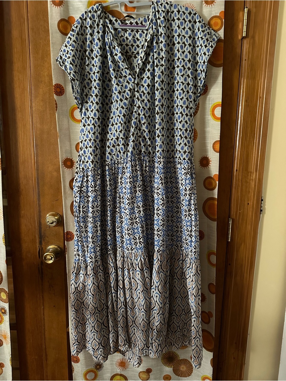 Zara Blue and White Printed Tiered Maxi Dress